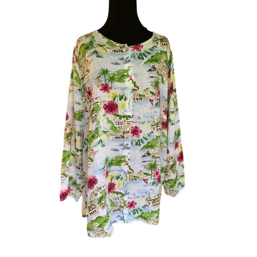Cynthia Rowley Amalfi Coast Print Linen Shirt Top Tunic Top 1x